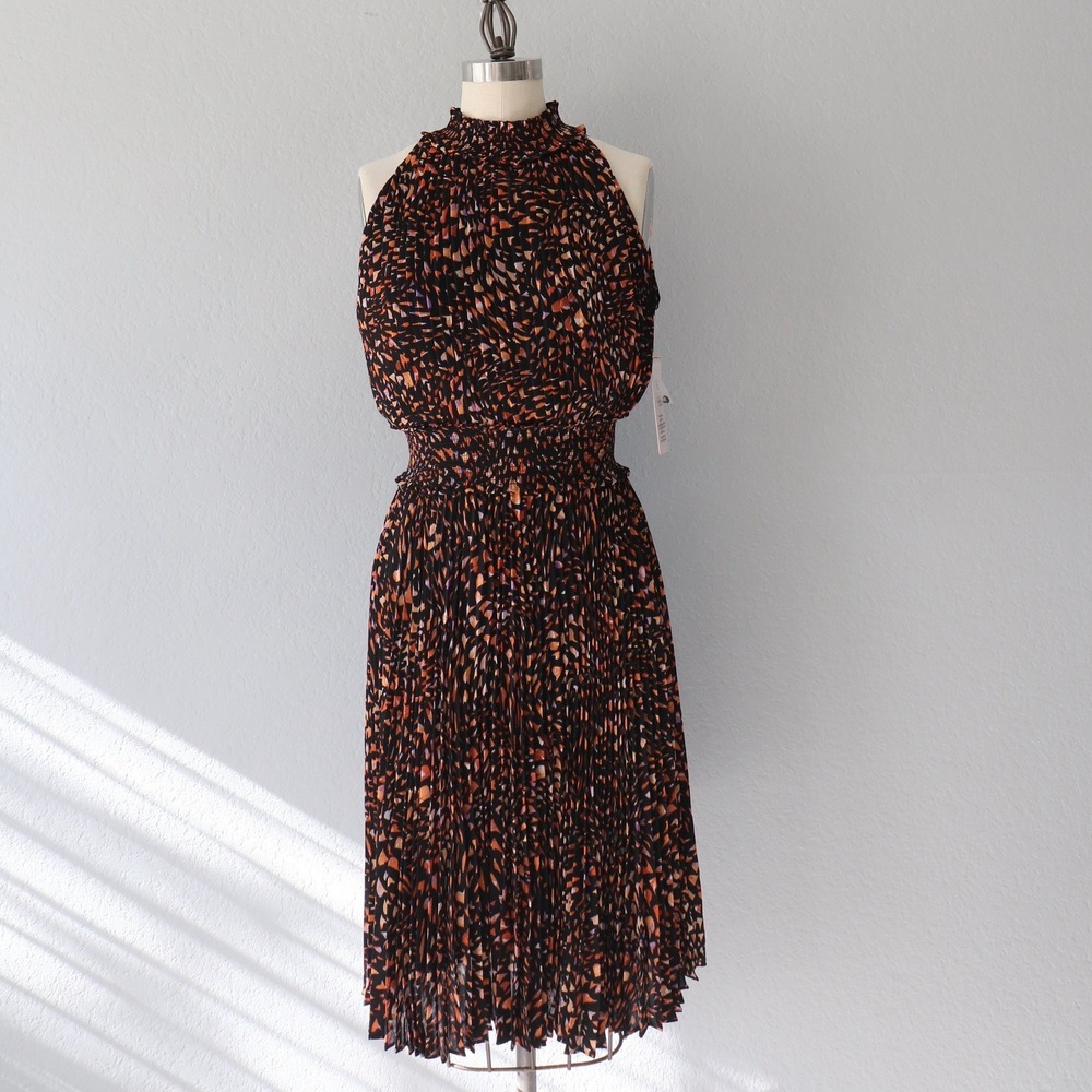 Nanette Lepore Black Orange Print Pleated Mock Neck Midi Dress Size 8